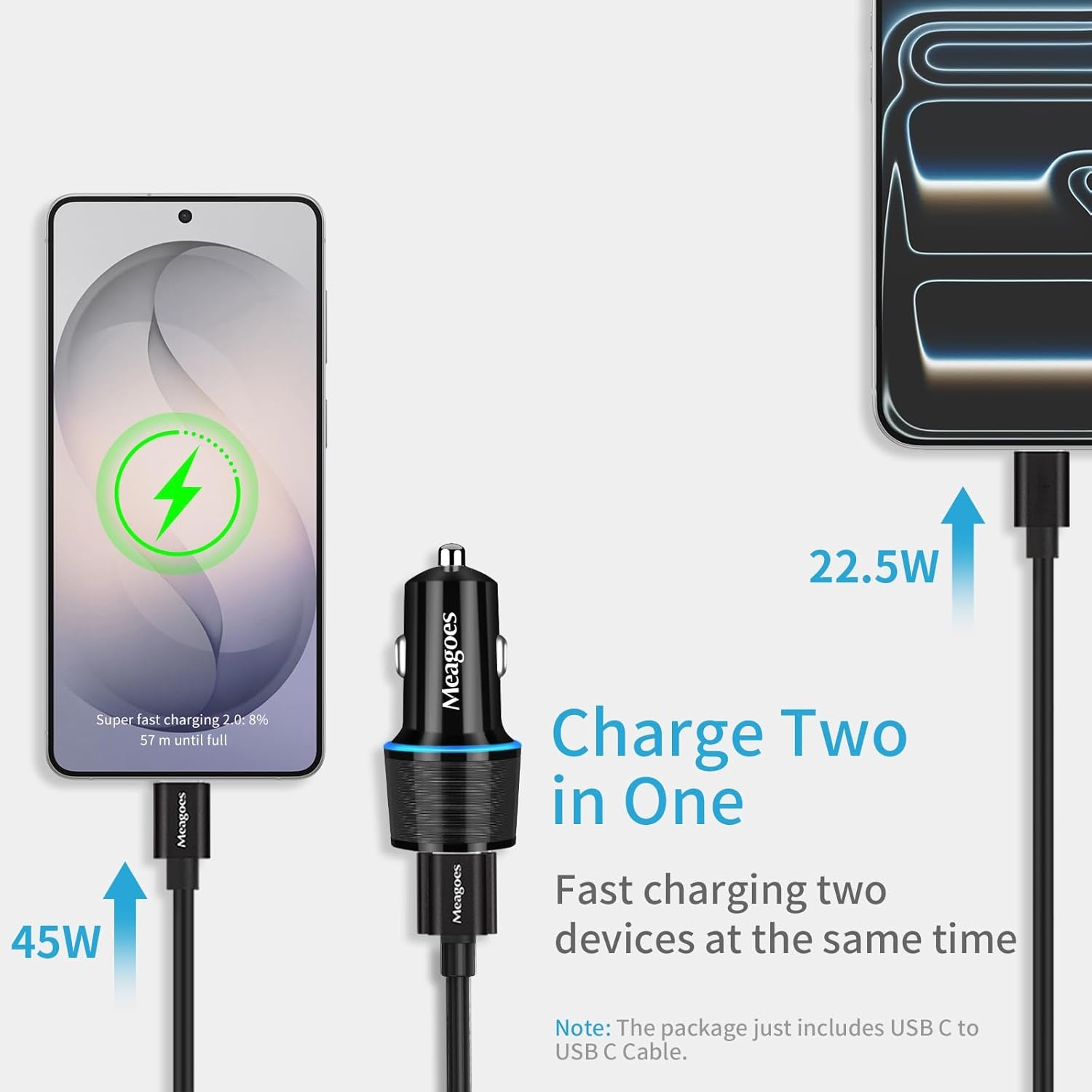 67.5W Car Charger USB C Super Fast Charging, 45W USBC & QC3.0 Port Plug for Iphone 17 Pro Max/Air/16/15/Ipad, Samsung S26/S25 Android Cell Phone, Dual 12V Cigarette Lighter Adapter+ 3.3Ft Type C Cable